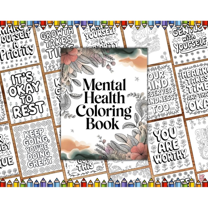 Carte de Colorat Antistres pentru Adulti – Mental Health & Motivational Quotes, 47 Pagini A5, Hartie Groasa 120 gsm, Spirala Metalica