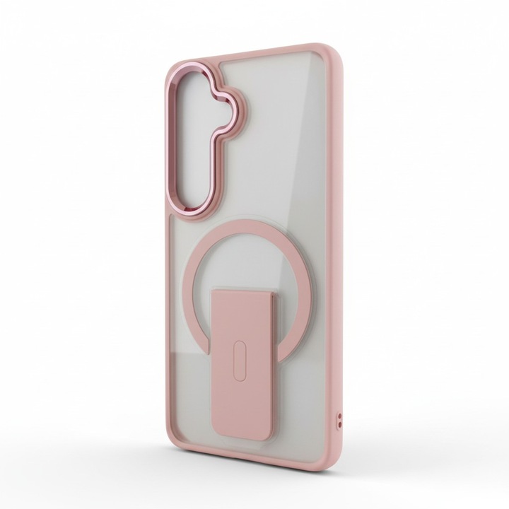 Husa cu suport Pliabil, Magnetic, Incarcare Wireless Pentru Samsung S25 Plus, Mat Translucid, Bumper, Transparent/Roz deschis