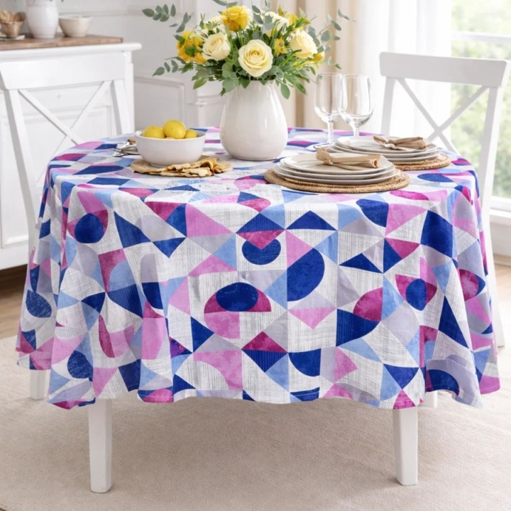 Teflonos kerek asztalterítő, átmérő 180cm, Lenjerii Deosebite, Geometrikus lila/kék