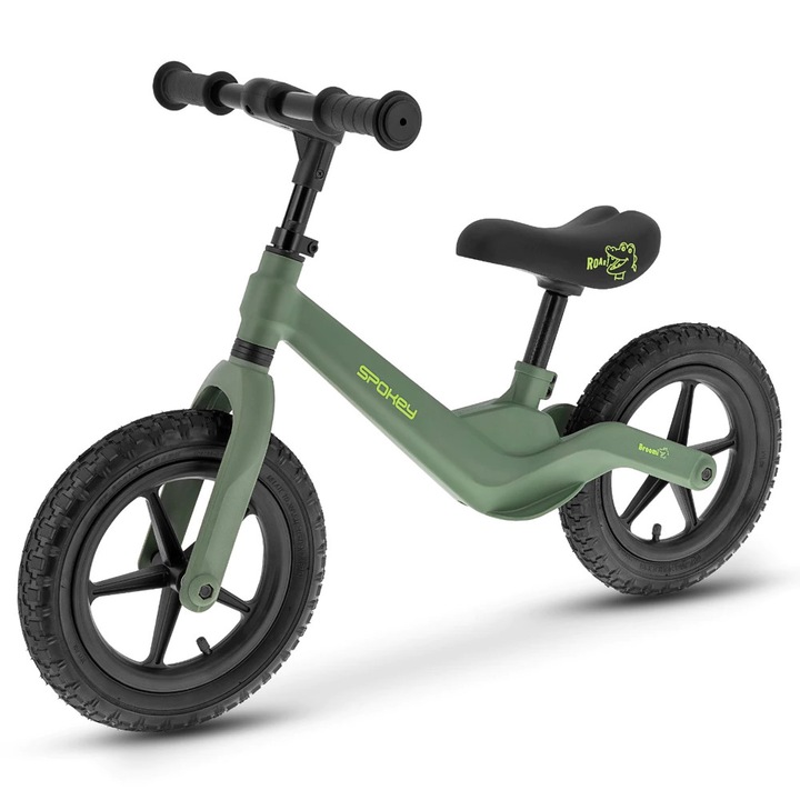 Bicicleta Spokey de echilibru premium – Design modern, stabilitate maxima, distractie garantata, copii 2-5 ani, fara pedale, verde olive