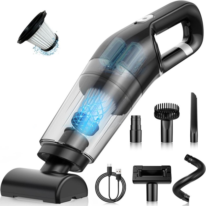 Aspirator portabil fara fir Leccik® cu putere de aspirare 26000 Pa, motor performant pentru masina si casa, ideal pentru par de animale, design ergonomic, negru