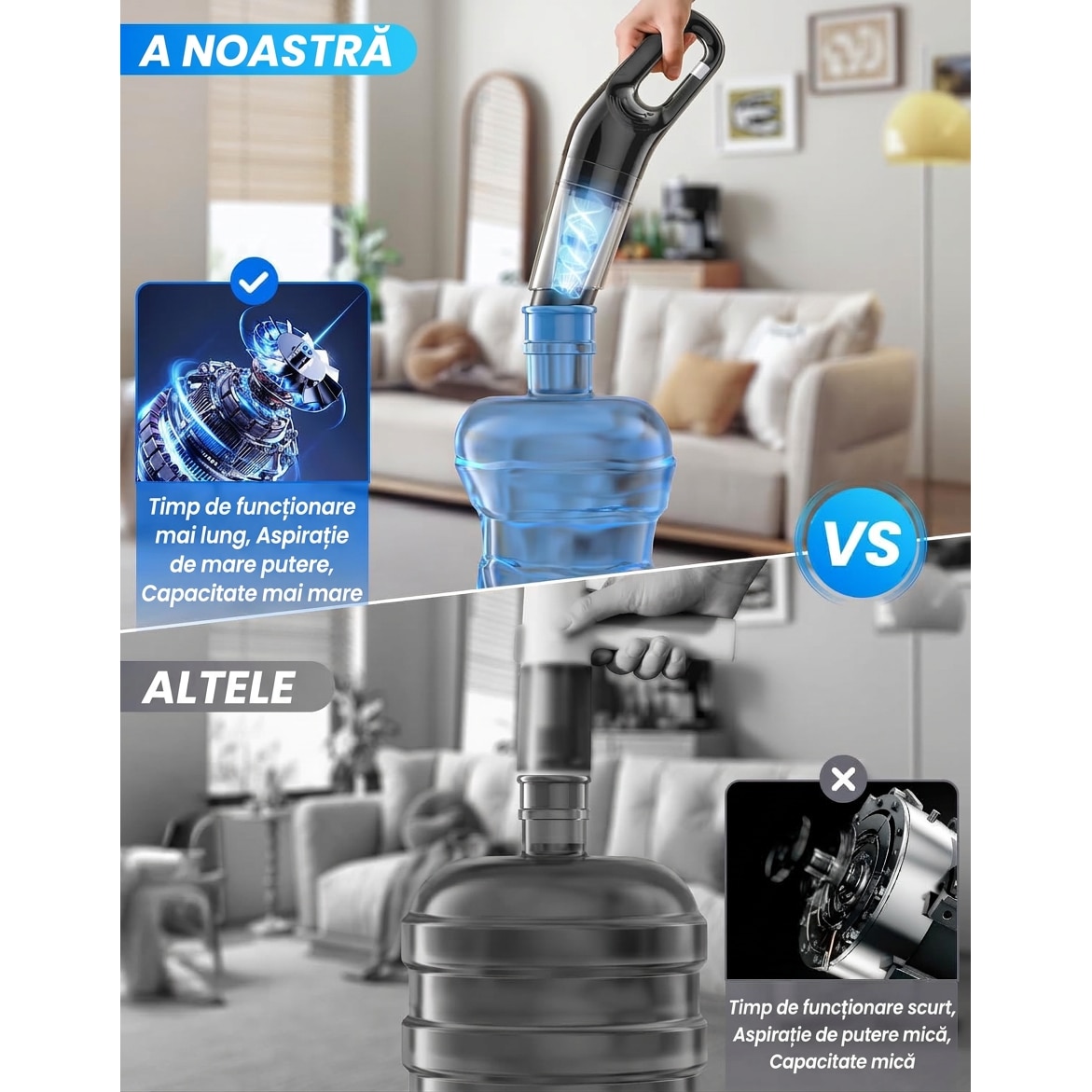 Aspirator portabil fara fir Leccik® cu putere de aspirare 26000 Pa, motor performant pentru masina si casa, ideal pentru par de animale, design ergonomic, negru