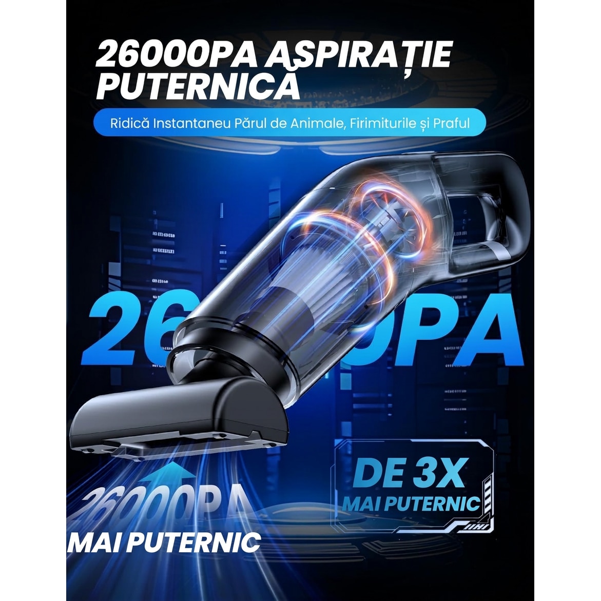 Aspirator portabil fara fir Leccik® cu putere de aspirare 26000 Pa, motor performant pentru masina si casa, ideal pentru par de animale, design ergonomic, negru
