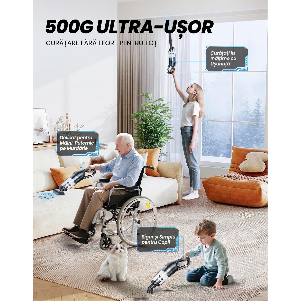 Aspirator portabil fara fir Leccik® cu putere de aspirare 26000 Pa, motor performant pentru masina si casa, ideal pentru par de animale, design ergonomic, negru