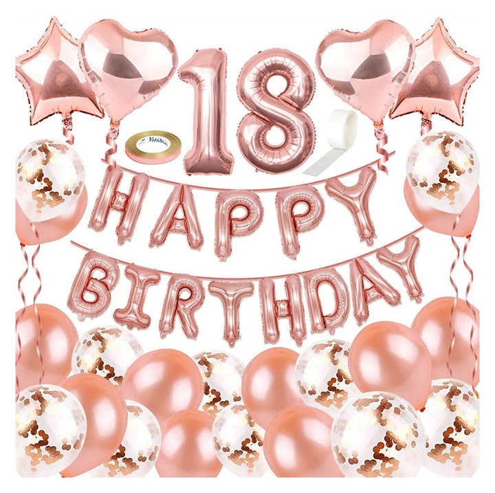 Set 41 piese pentru aniversare 18 ani, latex, folie, rose