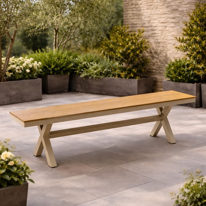 Banca gradina din aluminiu cu sezut aspect lemn, 150x36x47 cm, bej
