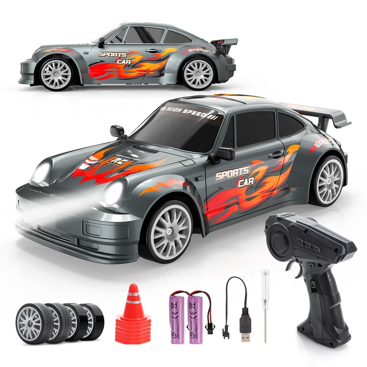 Masina de drift, ATOPDREAM, cu telecomanda 2,4 GHz, iluminare, scara 1:24, gri