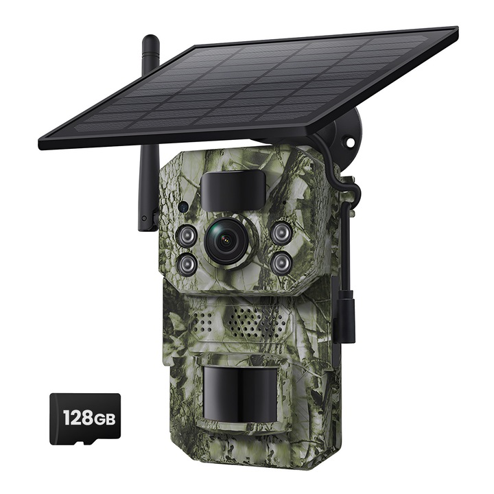 Camera de Vanatoare Solara 4G TECHNOVICI, Card 128GB Inclus, Video 1080P, Foto 3MP, Detectie PIR, Vedere Nocturna IR, Audio Bidirectional, IP66