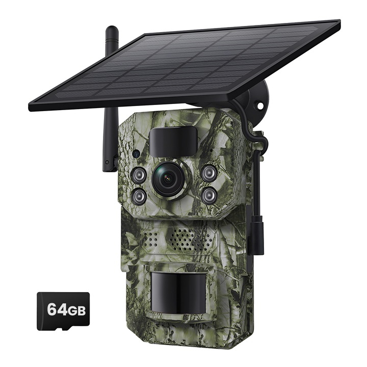 Camera de Vanatoare Solara 4G TECHNOVICI, Card 64GB Inclus, Video 1080P, Foto 3MP, Detectie PIR, Vedere Nocturna IR, Audio Bidirectional, IP66