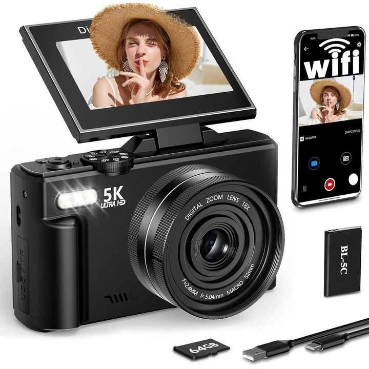 Aparat Foto Digital 5K Ultra HD, 75 MP, WiFi, Display 3.0 Inch, Flip Screen 180°, Zoom Digital 18x, Card 64GB, Negru