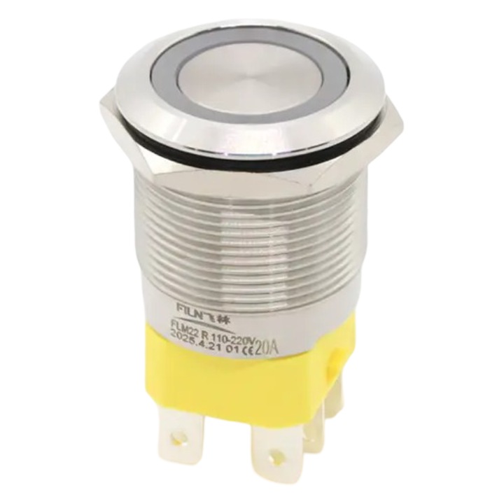 Buton push iluminat fara mentinere (momentary), 20A 12–24V DC, 22mm, IP68, metalic, LED albastru, 6 pini, FLM22-FJ-6-EX000-S11M5-BLUE