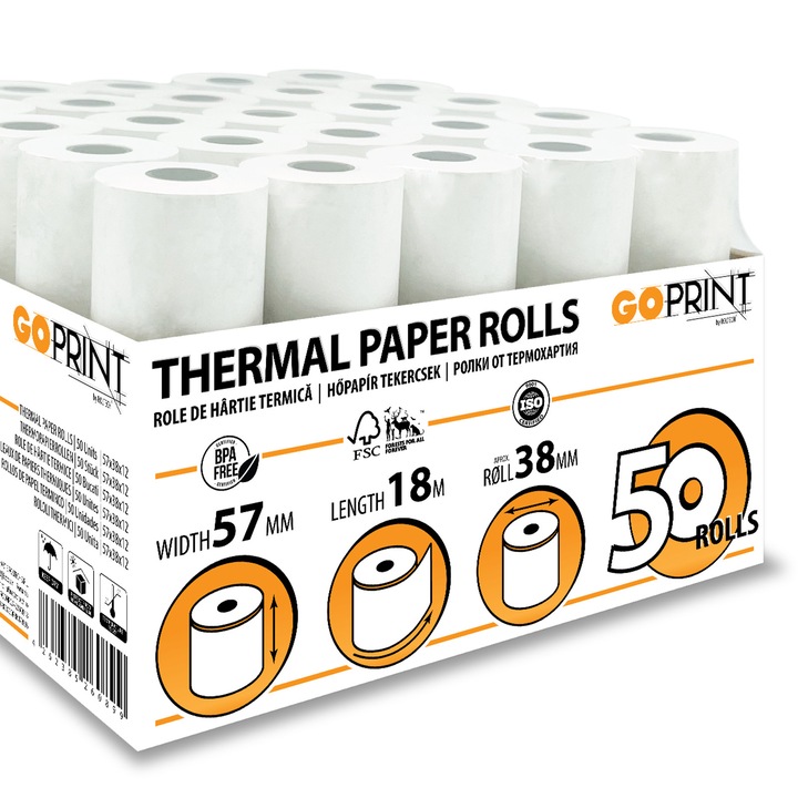 Role hartie termica GoPrint, 57mm x 18m, non-BPA, 50 role/bax