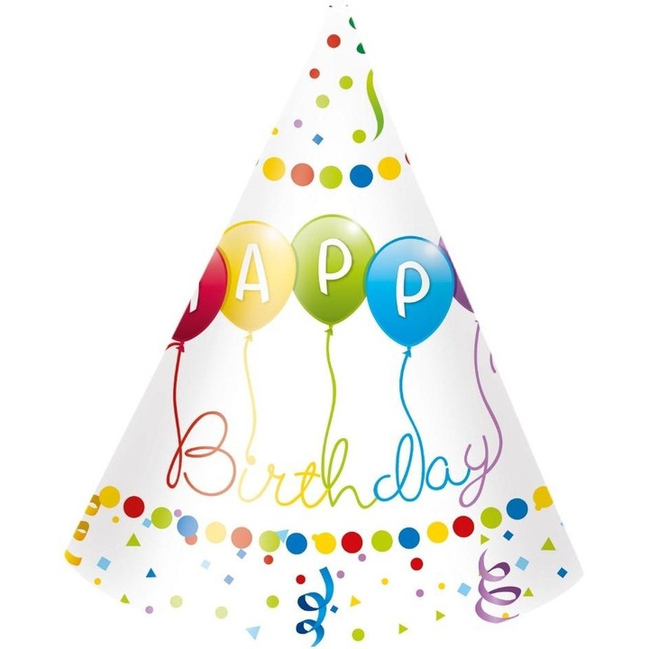 Парти шапки Happy Birthday, Godan, комплект 6 броя, 17,5x12см, многоцветни