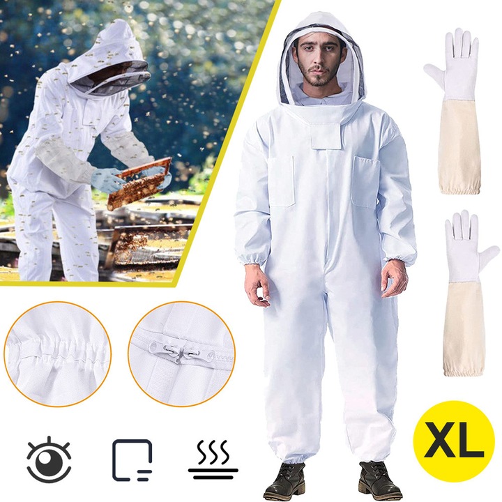 XXL Costum Apicol Profesional Pentru Intregul Corp, Jacheta Apicola Cu Manusi Din Piele De Oaie Si Gluga Ventilata, Echipament Apicultor Pentru Barbati Femei, Anti-Tantari, Costum Apicol De Protectie