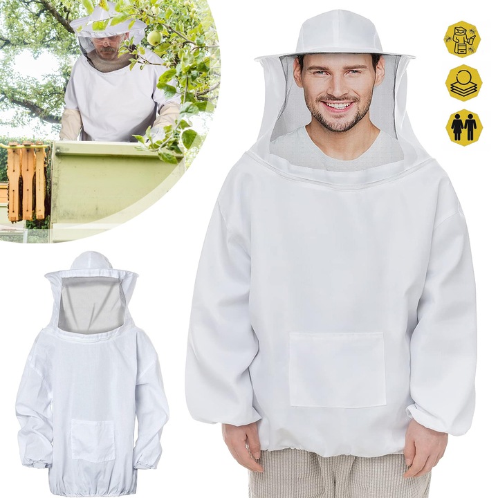 Jacheta Apicola Profesionala Cu Voal De Gard Si Gluga Cu Fermoar, Costum Alb Pentru Albine, Haina Anti-Intepaturi, Protectie Anti-Fum Pentru Albine Pentru Barbati Si Femei, Echipament De Protectie