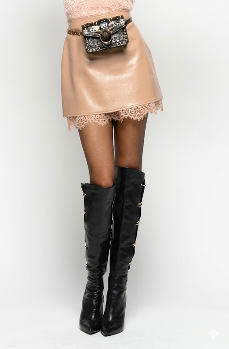 Fusta Mini Dama, PINKO, Balsamo 3, Piele Ecologica cu Dantela, Nude/Bej, Marime 36 IT (32 EU)