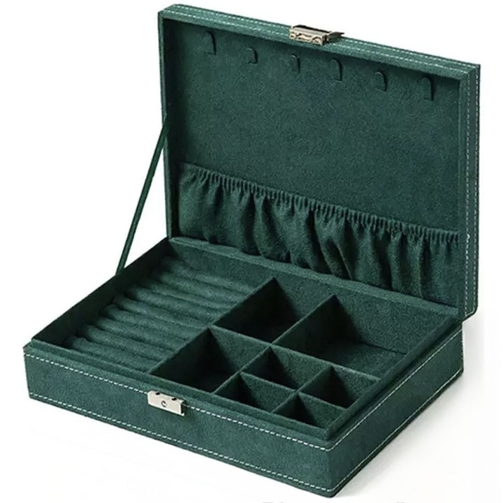 Cutie de Bijuterii Dama cu Cheie, Verde Elegant, 29x19x6.5 cm, Interior Catifea, Compartimentare Multipla pentru Inele, Cercei, Coliere si Bratari + Bratara 7 Chakre