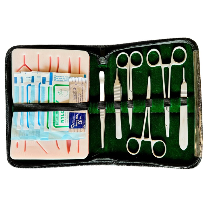 Kit Profesional Complet pentru Practicarea Suturilor Chirurgicale cu 6 Instrumente, 5 Fire de sutura, 4 Lame de bisturiu, 1 Mulaj de sutura, Suture Expert, VELICO®, Verde