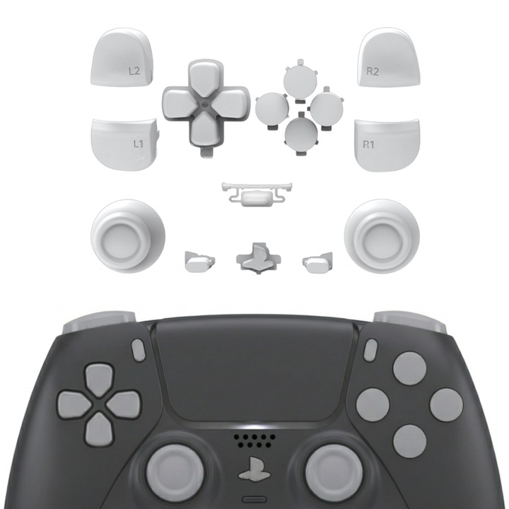 Kit Butoane + Thumbsticks PS5 DualSense gamehold., D-Pad + Action Buttons + Share/Options + R1/L1 + R2/L2 + Logo + 2 Thumbsticks, ABS Durabil, Gri