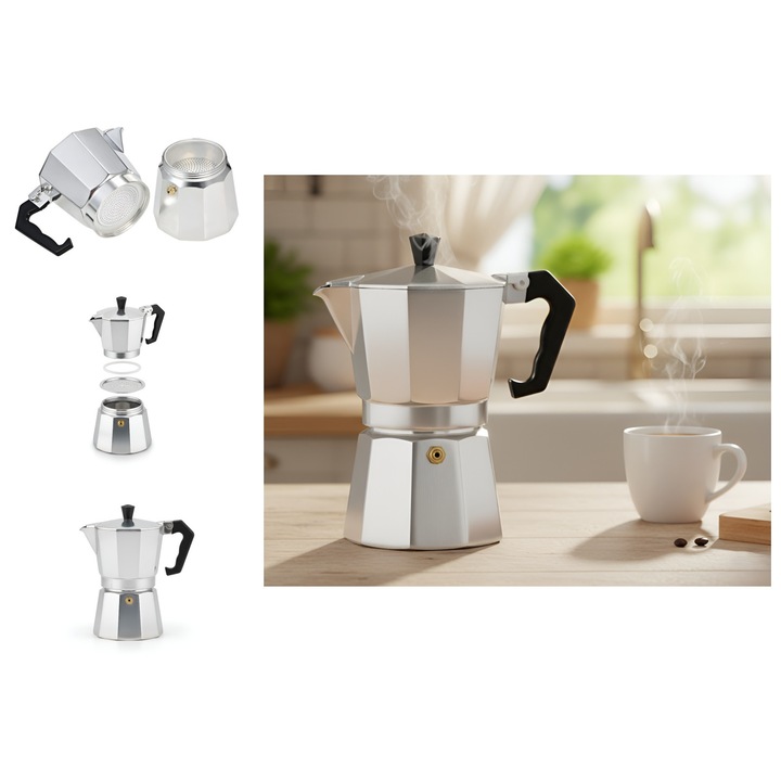 Kézi eszpresszógép, alumínium, ANGMAD, 12 csésze, 600 ml, ebonit fogantyú, kompakt kivitel