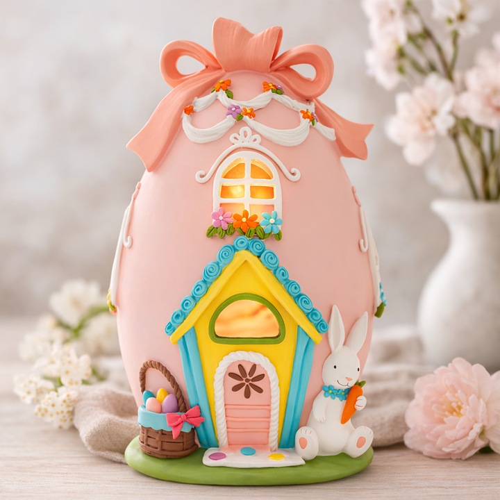 Casuta decorativa ou de Paste cu LED, iepuras si cos cu oua