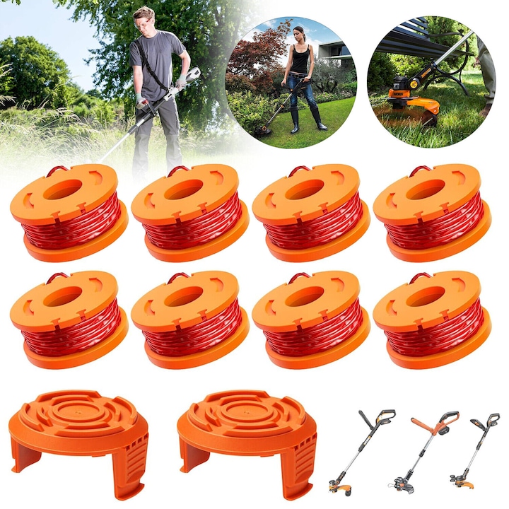 Bobina De Cosit Iarba Worx Cu 8 Bobine Si 2 Capace De Schimb, Bobina De Cosit Iarba, Bobina De Schimb Pentru Trimmer, Fir Pentru Trimmer Worx, Portocaliu, Bobine De Schimb Pentru Margini Pentru Worx