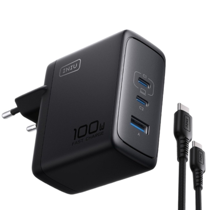 Incarcator retea 100W GaN, 3 Porturi Fast Charge Simultan, pentru telefon sau Laptop MacBook HP Lenovo, Cablu 100W Inclus, Compatibil iPhone 17 16 15, Samsung S25 S24 Ultra, iPad, Pixel, Switch