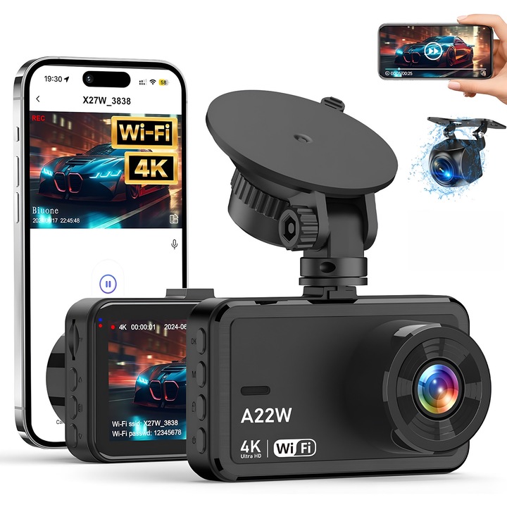 Camera Auto Dubla 4K Ultra HD WiFi, Inregistrare Fata FHD + Spate 1080P Waterproof, Night Vision Sony Starvis F1.8, G-Sensor, Monitorizare Parcare 24H