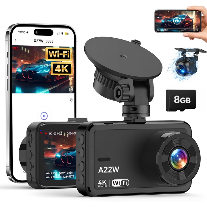 Camera Auto Dubla 4K Ultra HD WiFi, Inregistrare Fata FHD + Spate 1080P Waterproof, Night Vision Sony Starvis F1.8, G-Sensor, Monitorizare Parcare 24H, Card 8GB Inclus