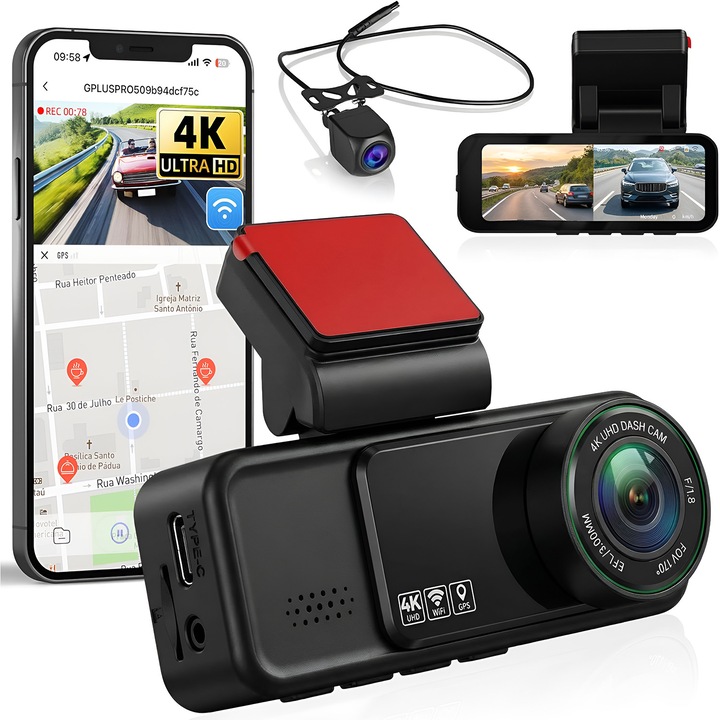 Camera Auto Dubla 4K Ultra HD + 2K, WiFi GPS, Technovici, Unghi 170 Fata 120 Spate, G-Sensor, Vedere Nocturna, Monitorizare Parcare 24H