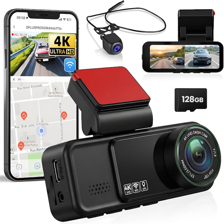 Camera Auto Dubla 4K Ultra HD + 2K, WiFi GPS ADAS, Technovici, Unghi 170 Fata 120 Spate, G-Sensor, Vedere Nocturna, Monitorizare Parcare 24H, Card 128GB