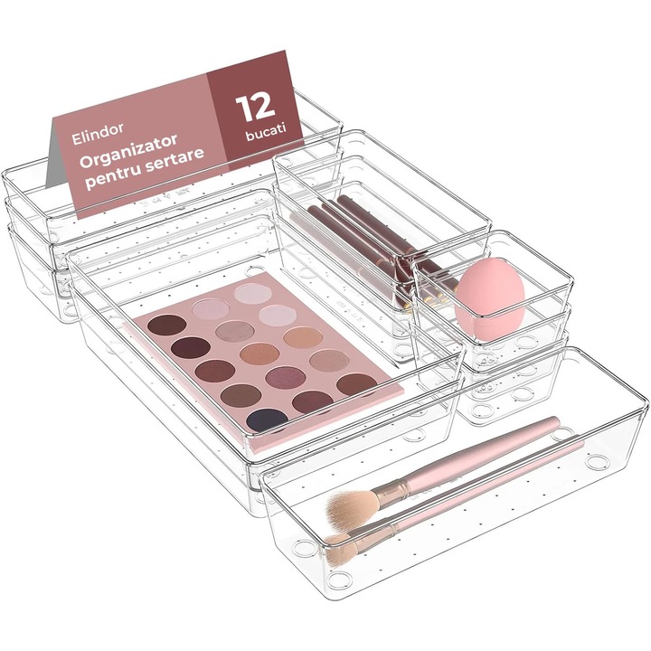 Комплект от 12 кутии за съхранение Elindor, Органайзер за кухня и баня, 4 размера, Органайзери за шкафове и чекмеджета, Мултифункционална кошница, Разделител за плодове, Зеленчуци, Кремове, Парфюми, Акрилна пластмаса