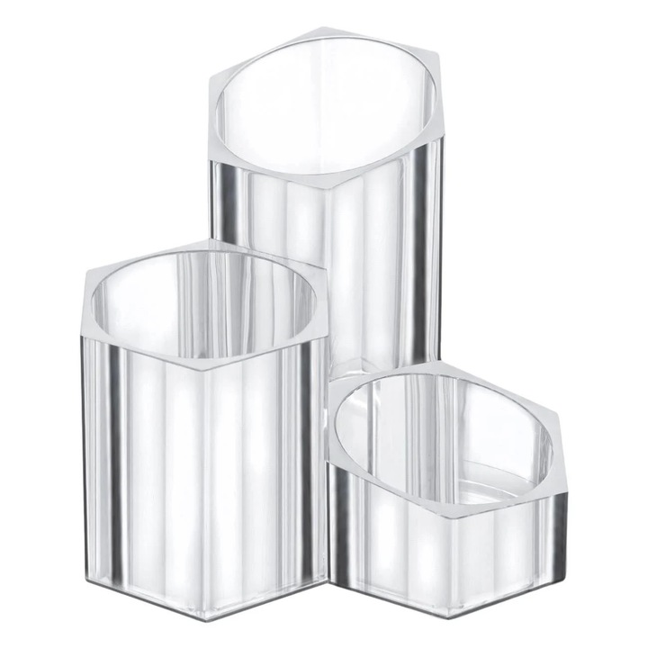 Suport pensule machiaj, BAMI, design poligonal, 3 compartimente, transparent, 13.5x13.5x12cm