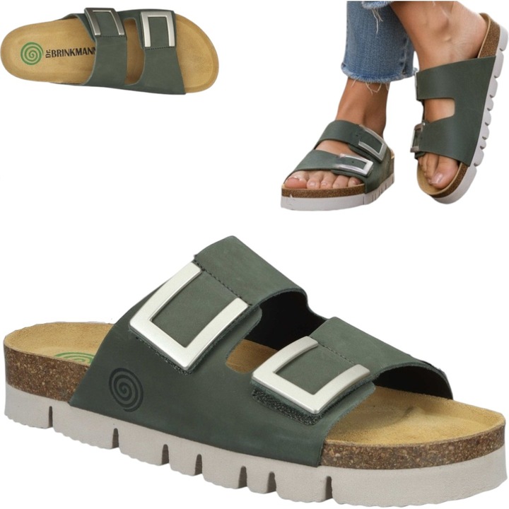 Papuci Dama, Piele Naturala, Brinkmann, Cu Catarame, Eleganti, Comozi, Verzi, Negru