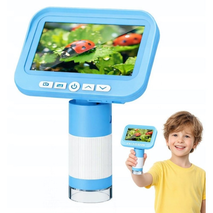 Digitális mikroszkóp, Ataz, AZ-K3, LCD 4.3", 1000x, fényképek, videók, LED világítás, fókuszállítás, akár 32 GB-os microSD kártyákat is támogat, akkumulátor, USB-A - USB-C kábel, műanyag