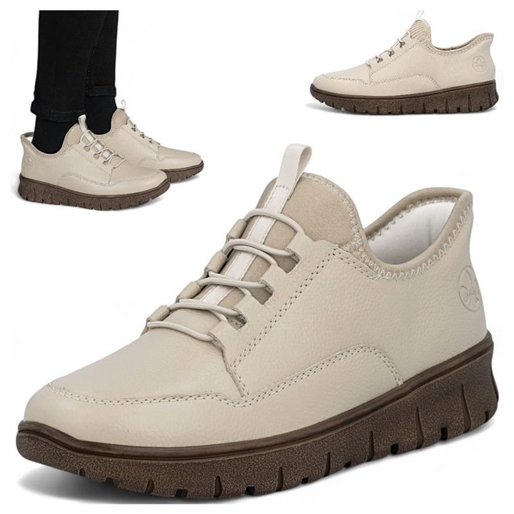 Pantofi Sport Dama, Rieker, Piele Naturala, Tip Slip-On, Comozi, Latime Mare, Bej 39