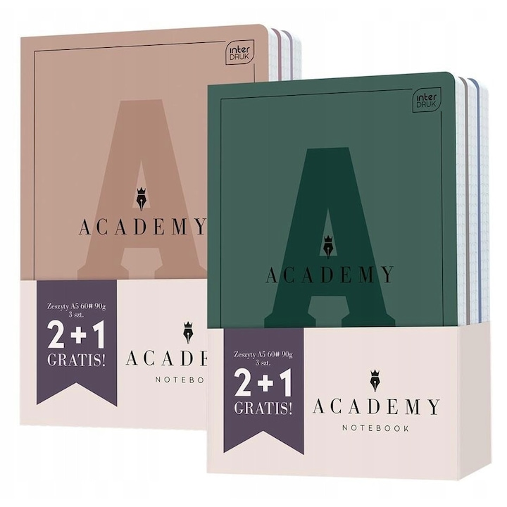 Set caiete A5 60K INTERDRUK Academy, 2+1, carton laminat Soft Touch, gri, 90g/m2