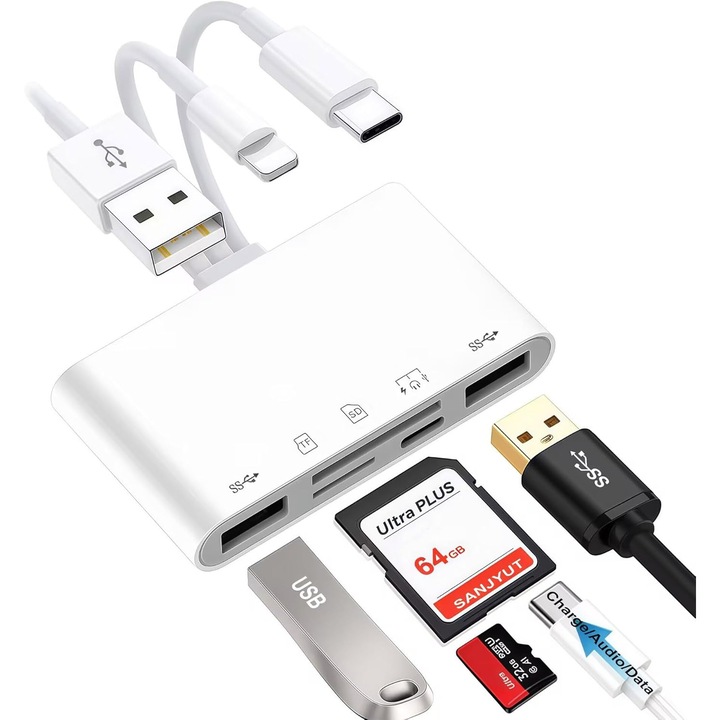 Cititor De Card Cu Adaptor 5 In 1 Fain Mioritic®, SD/MicroSD/MS/CF/TF, Compatibil Cu Apple/Samsung/Huawei/PC, USB 3.0/Type-C, Negru