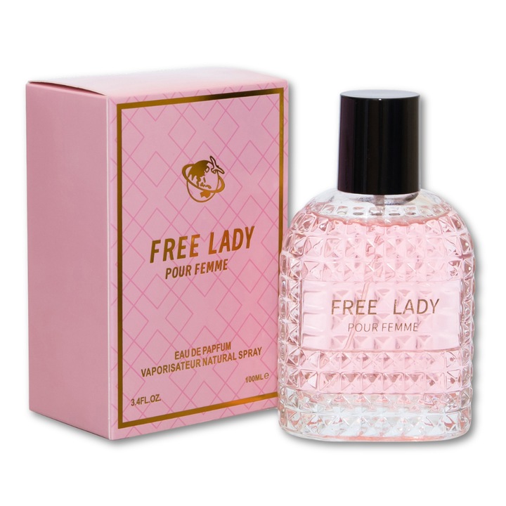 Női parfüm FREE LADY Pour Femme, Eau de Parfum 100 ml, texturált flakon, rózsaszín csomagolás