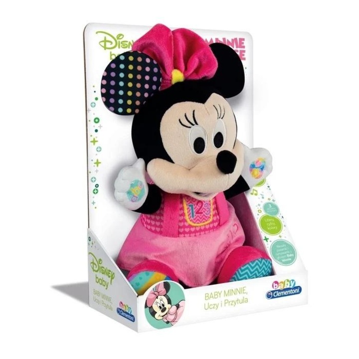 Pluszica interactiva Clementoni Baby Minnie, 3 butoane, invatare litere, cifre si culori, multicolor