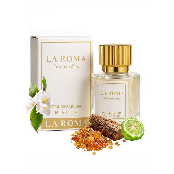 Apa de Parfum pentru femei La Roma W-8 Paraiso, cu bergamote, iasomie si note de lemn, oriental-lemnos, creat pentru femeia eleganta, optimista si fermecatoare, 50ml