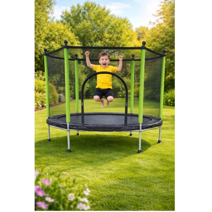 Trambulina pentru Copii Ideala pentru Interior si Exterior, 140 Cm, +6 Ani, Sarcina maxima 150 kg, Protecte din spuma pentru stalpi, Black / Verde