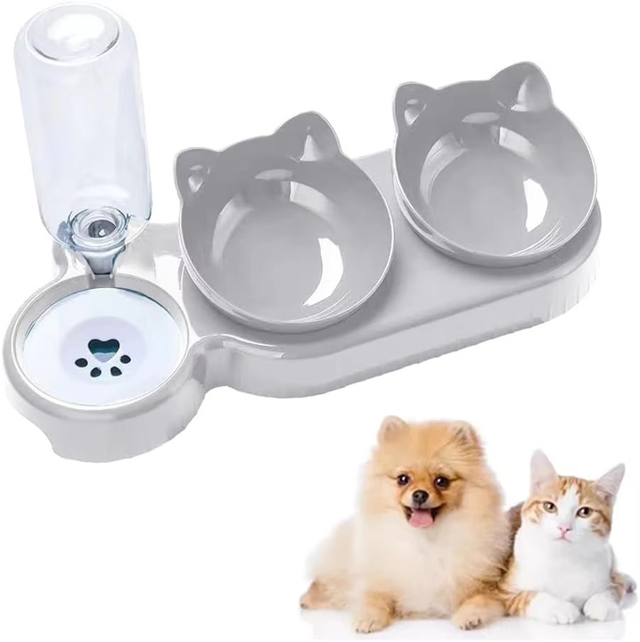 Nunbell Set de boluri pentru hranire animale 3-in-1 pentru pisici si caini, boluri duble pentru hrana cu dispenser automat de apa cu sticla, plastic, gri
