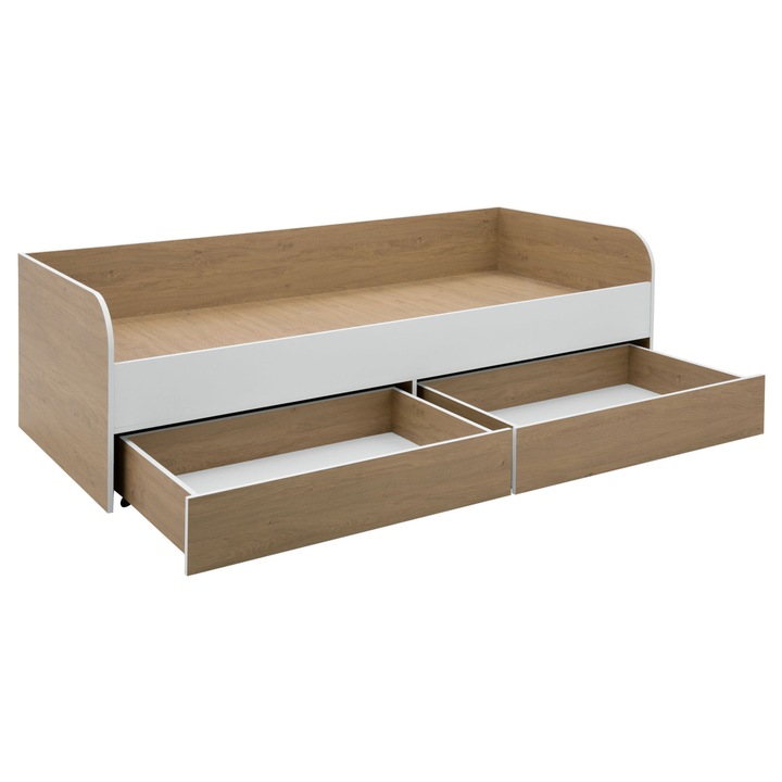 Pat 1 persoana, 2 sertare, 95x63x204 cm, stejar piatra/alb