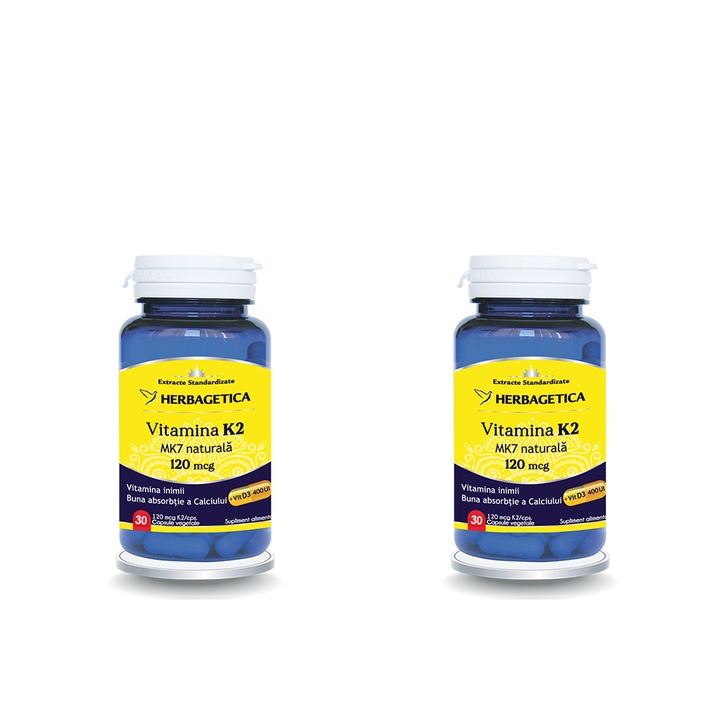 Pachet Vitamina K2 MK7 Naturala 120mcg 30cps + 30cps Herbagetica, cu Vitamina D3, capsule vegetale