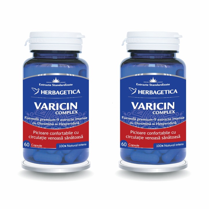 Pachet Varicin Complex 2x60cps, Herbagetica, extracte naturale, suport circulație sănătoasă, capsule