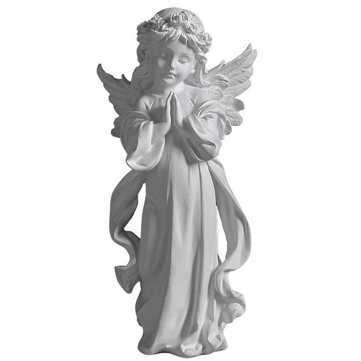 Statueta Decorativa Inger, COSMI®, Dimensiune Mare, Realizata Manual, Rasina, Fata in Rugaciune, Decor Nordic pentru Casa, Living Dormitor Birou Cadou, 31.5cm, Alb