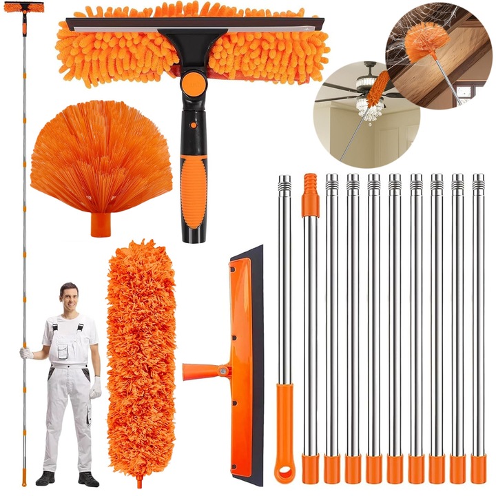 Set tija telescopica extensibila cu 10 sectiuni, lungime maxima 4,3 m, cu 4 accesorii (pamatuf, racleta pentru geamuri, perie pentru panze de paianjen, perie flexibila) – pentru tavane inalte, ferestre, ventilatoare si zone greu accesibile