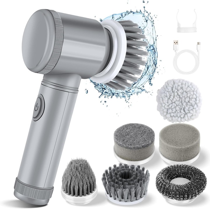 Perie electrica de curatare, Dnntunk, 6 capete interschimbabile, baterie de 1500 mAh, alimentare USB, portabila, impermeabila, potrivita pentru gresie, cazi de baie, podele, chiuvete, plite, acvarii, incaltaminte si masini. Gri