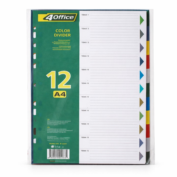 Index Separator A4 12 Culori 4Office, 110 Microni, PP, Set 12 Bucati, Separatoare Dosar, Organizator Documente Birou